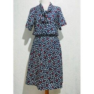Secretary Blue White Patterned Tie Neck Dress S M Vintage 80s B39 Shirtdress